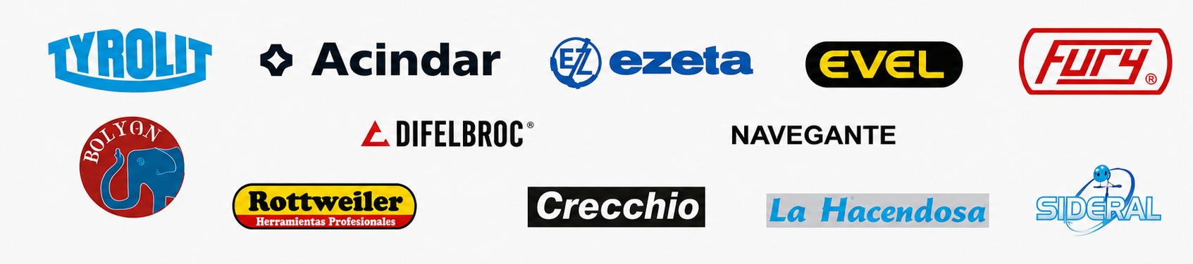 Marcas distribuidas por Maaba: Tyrolit, Acindar, Ezeta, Evel, Fury, Bolyon, Difelbroc, Navegante, Rottweiler, Crecchio, La Hacendosa, Sideral
